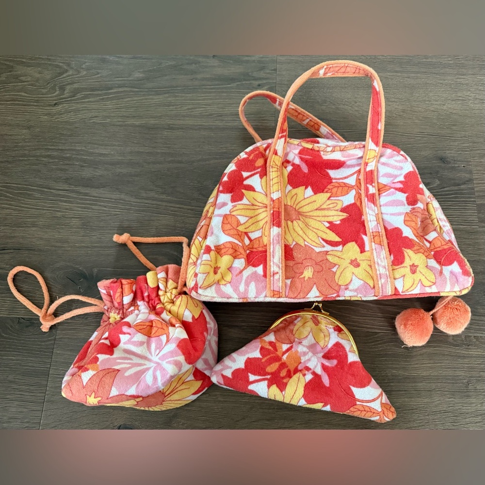 Y2K Vintage Hawaiian/Floral Print Terry Cloth Handbag Set of 3 Unique Vibrant